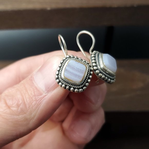 Sterling Silver Wonderful Agate Stone Dangle Earrings - Picture 2 of 6